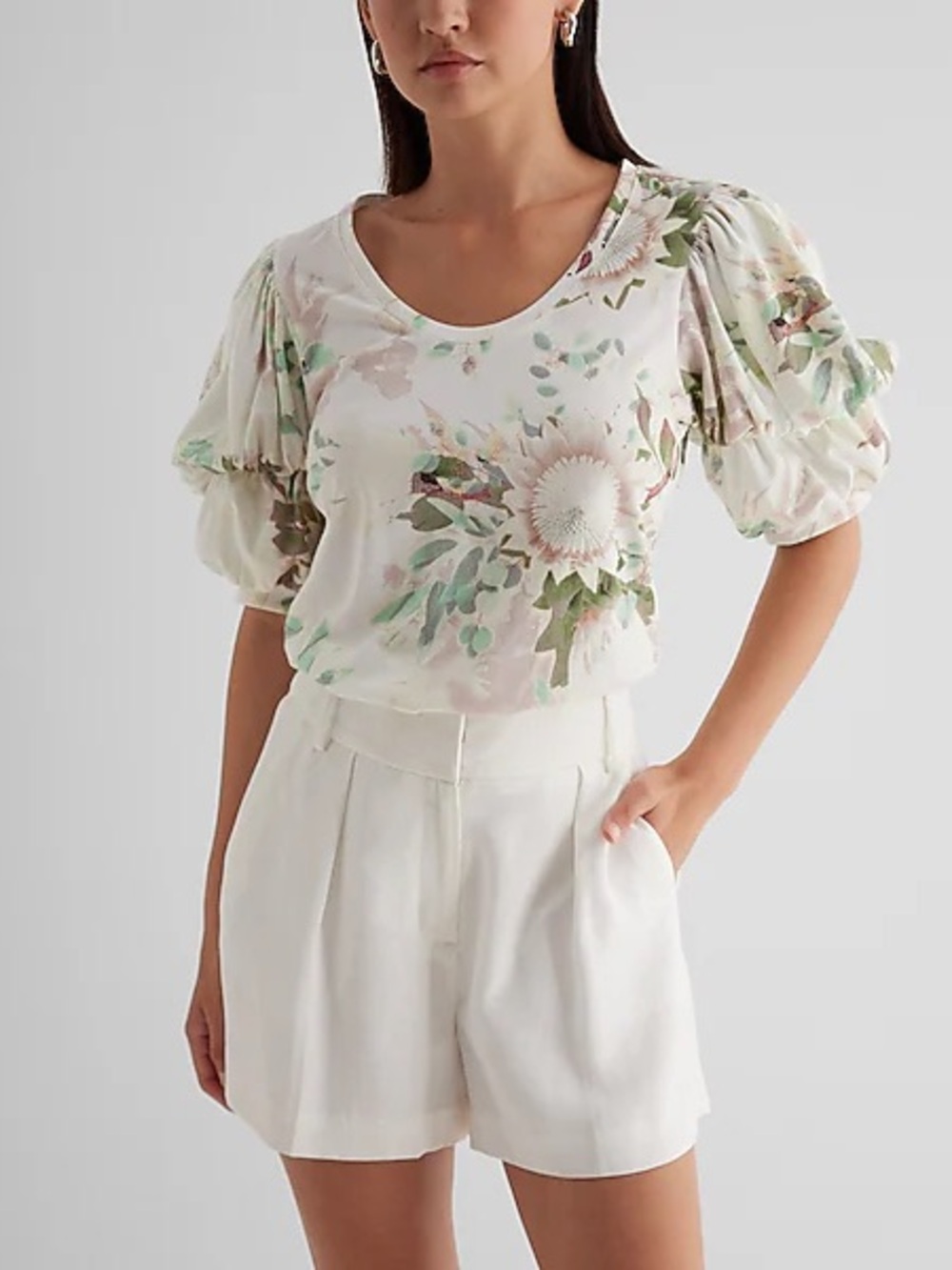 Express Floral Skimming Scoop Neck Puff Sleeve Tee
